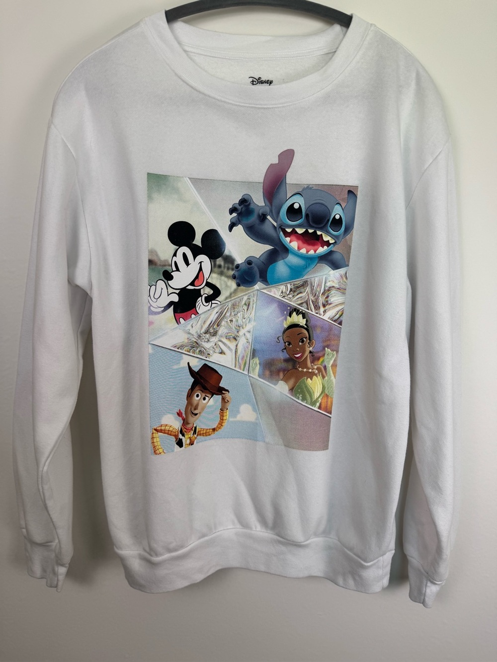 Disney 100 Youth L 11-13 Sweatshirt Mickey Stitch Woody Tiana White Crewneck